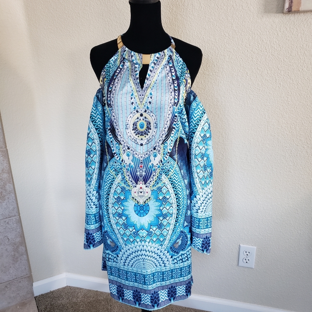 New Blue peek a boo sleeve dress